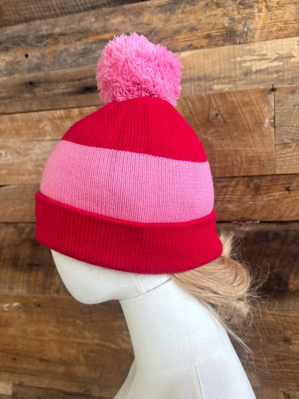 Kate Spade New York Pink Red Colorblock Pom Pom Beanie Hat Wool Blend